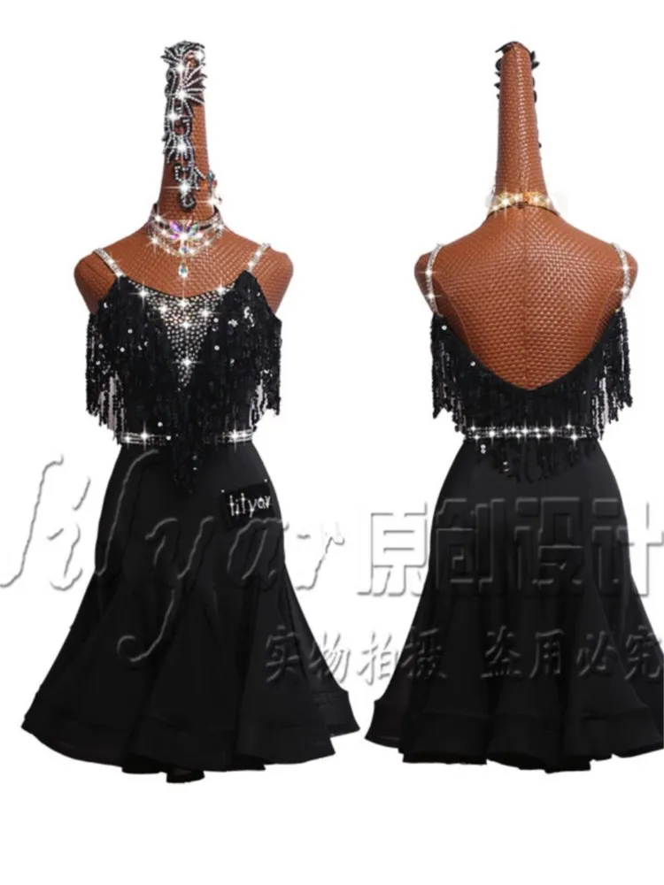 

Latin Dance Competition Children's Performance Dress Women's Black Suspender Tassel Fishbone Wrapped Hip Skirt