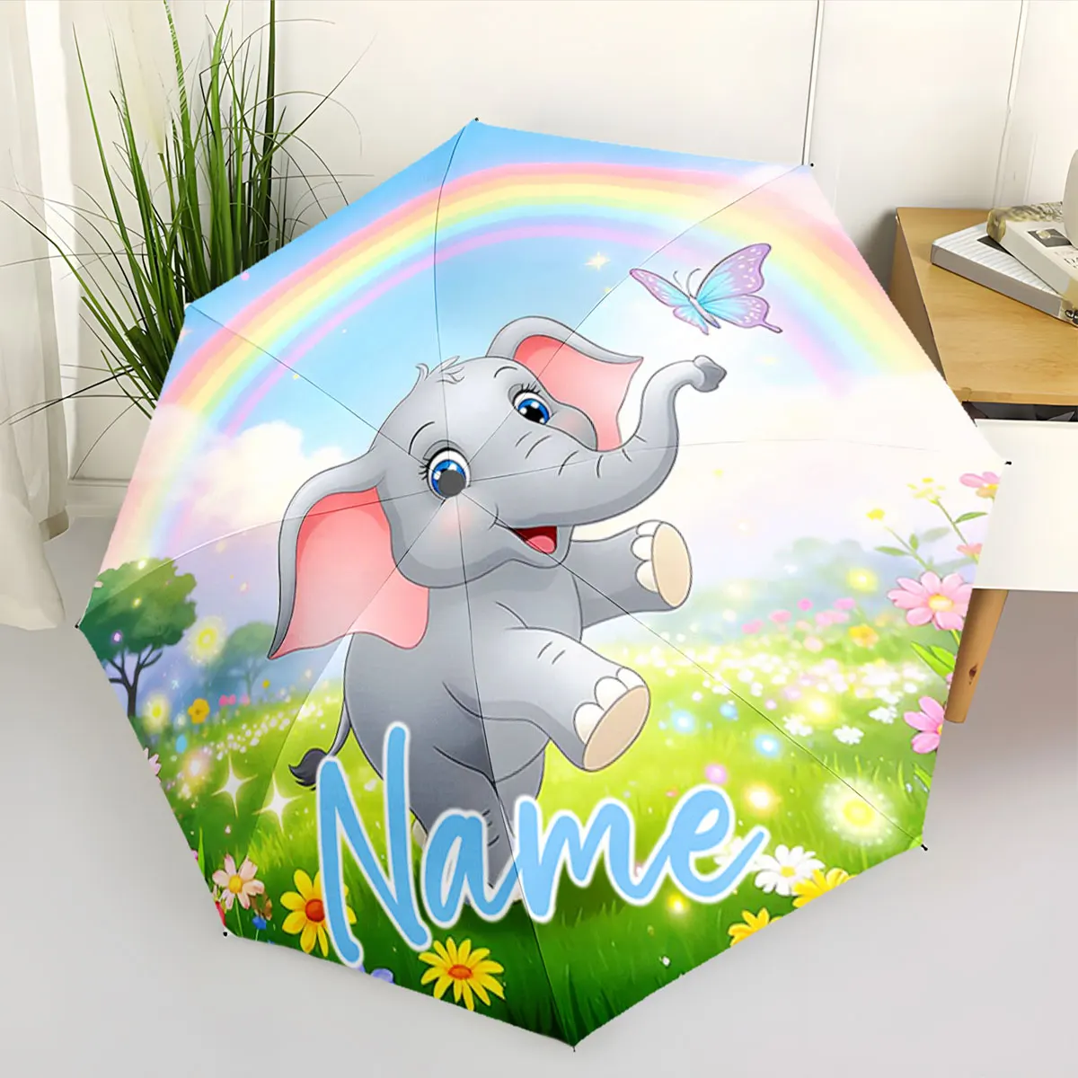 Custom Name Colorful Elephant Umbrella Design with Rainbow Print 8 Iron Ribs Folding Umbrella Auto-Open Fashion Sunshade
