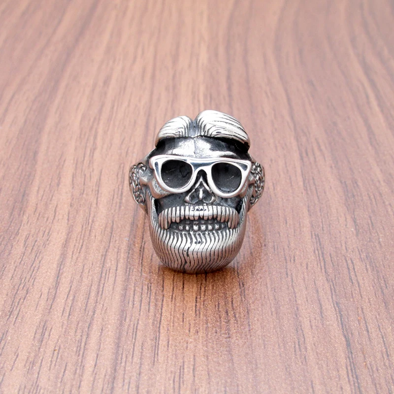 Punk Big Beard Wear Glasses Skull Ring Men's Stainless Steel Old Man Biker Rings Cool Jewelry Creativity Gift