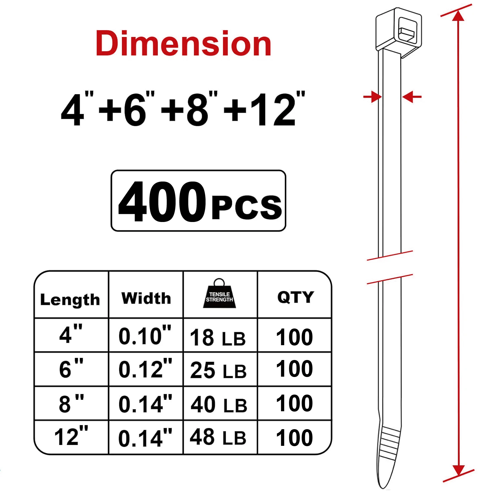 Zip Ties Assorted Sizes(4”+6”+8”+12”), 400 Pack,UV Resistant Tape, Indoor & Outdoor Use, Heavy Duty Adhesive