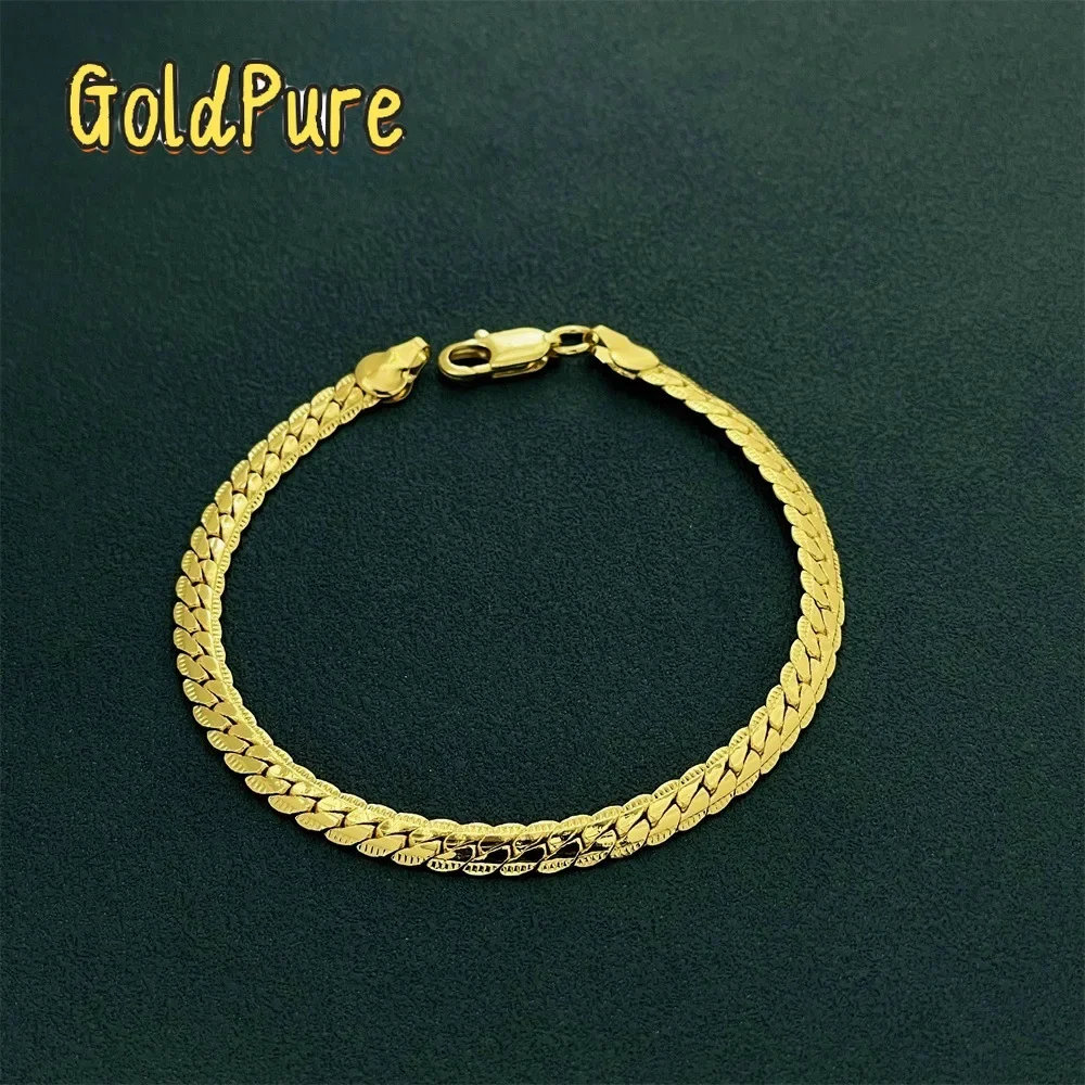 

Золотой браслет Goldpure Luxury 24K 9999 пробы, из чистого золота, для мужчин и женщин, плоская форма, дизайн «змеиная кость», 5 мм.