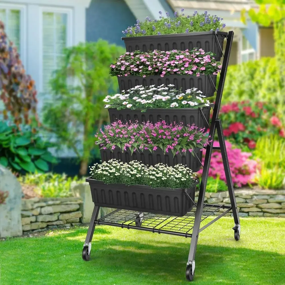 5-Tier Metal Raised Garden Bed with Drainage and Storage Shelf, Ideal for Growing Vegetables and Plants (Black)