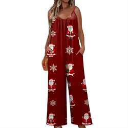 S-3xl Sleeveless Jumpsuit For Women Christmas Printed Loose  Versatile Sling Rompers Wide Leg Adjustable Suspender Jumpsuit