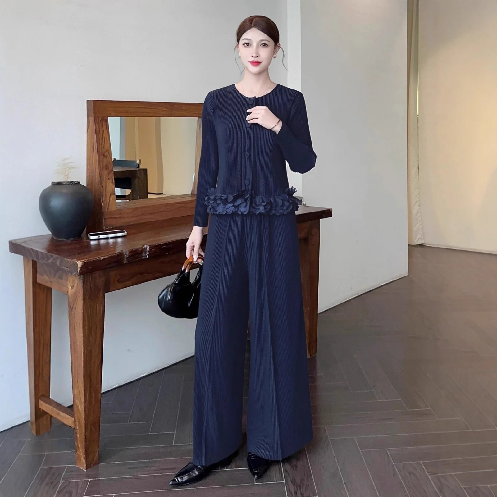 Miyake haut de gamme à la mode automne nouveau costume femmes boutonnage veste à manches longues + taille haute pantalon à jambes larges ensemble deux pièces