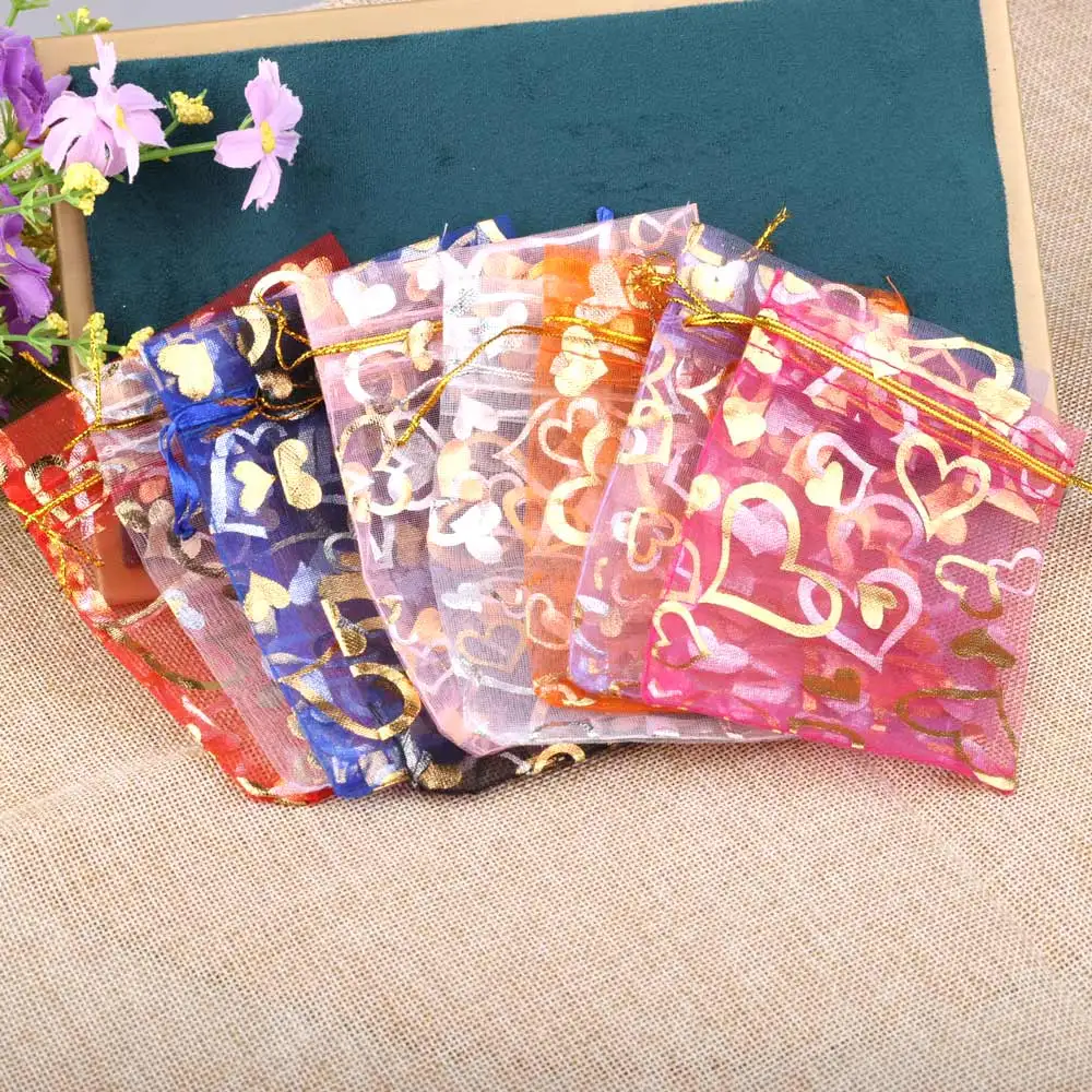 25/50/100pcs/lot Love Heart Organza Gift Bag Gold Color Heart Gifts Pouches For Wedding Party Candy Valentine Day Jewelry Bag