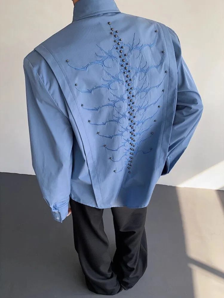Heavy Embroidery Rivet Spine Long Sleeve Loose Men's Shirt American Design Casual Style Autumn Spring Fashion Trend