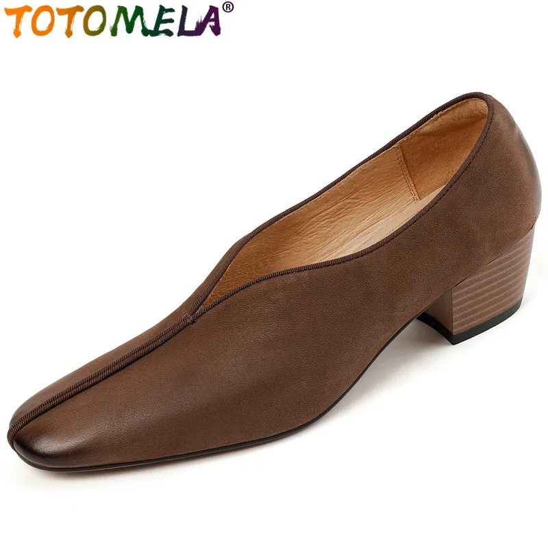 

TOTOMELA 2024 New Size 34-40 Vintage Sheepskin Shoes Woman Slip On Square Med Heels Shoes Office Ladies Loafers Pumps