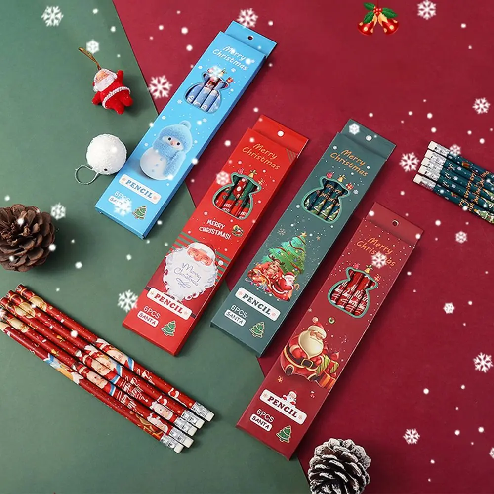 

6pcs Eraser Cute Christmas Cartoon Pencil Painting Santa Claus Drawing Tool Wooden Elk HB Pencil Students