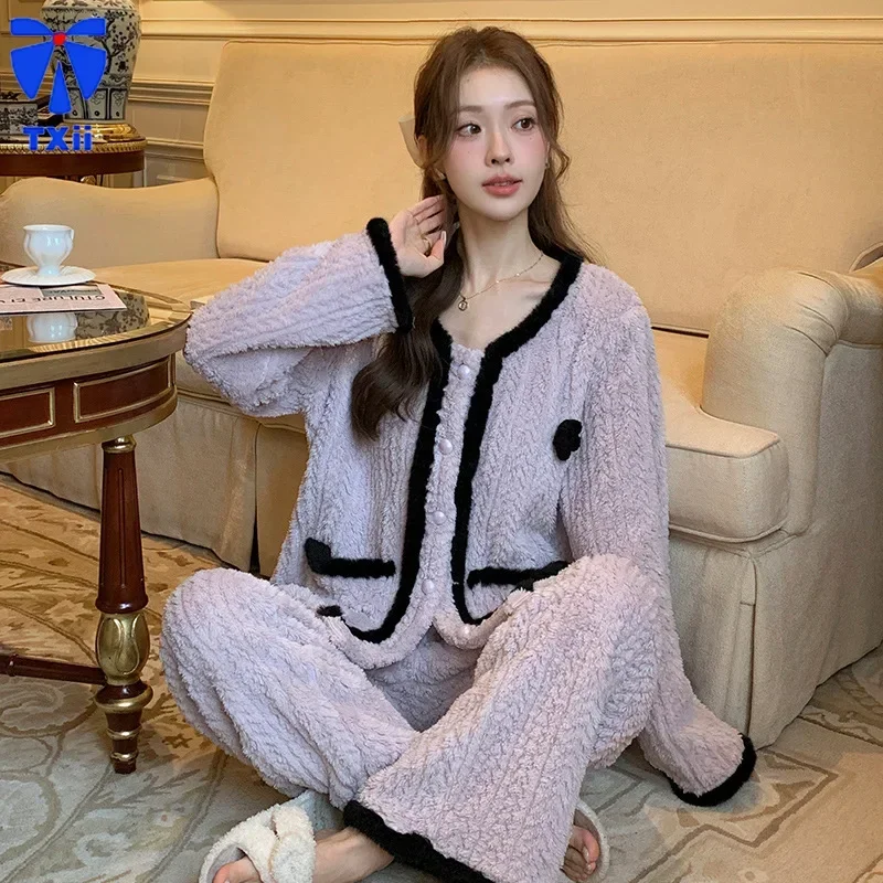 TXii New Style Thickened Warm Pajamas suit Winter Contrast Double-Sided Fleece Long-Sleeved suit Loose Outer Wear Home Clothes