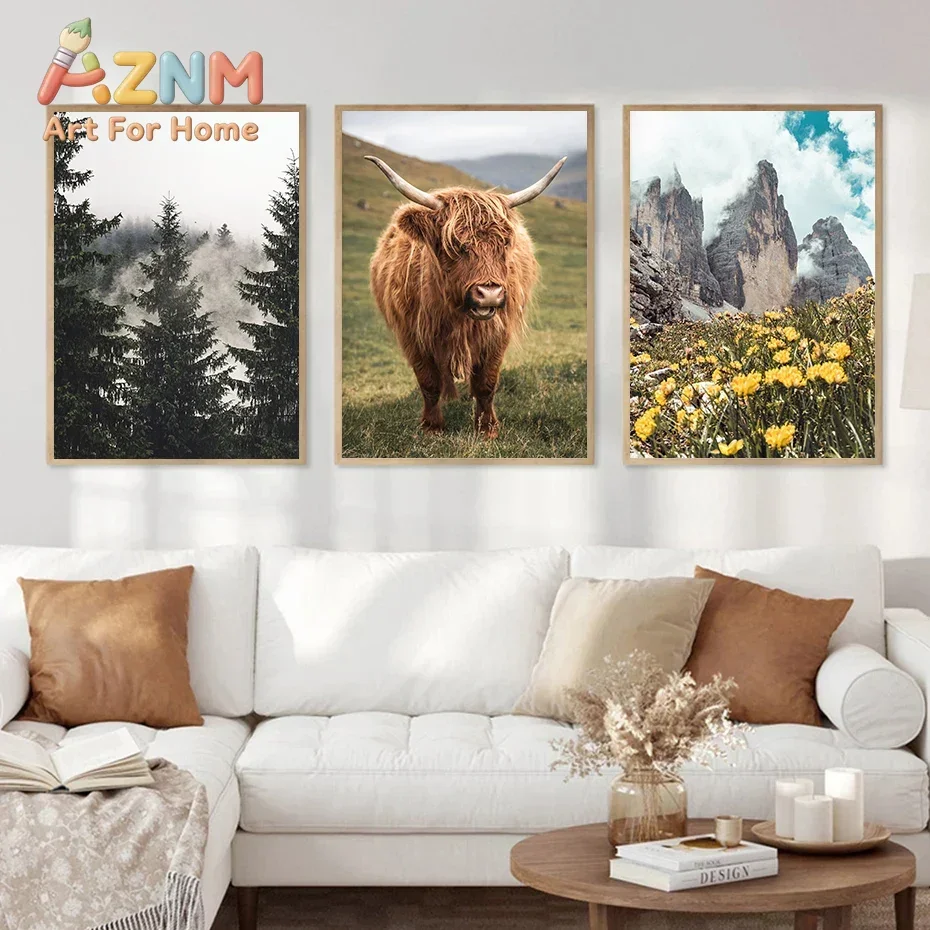 Nature Highland Cow Deer Wood Log Pile Horse Lake Photography Canvas Painting Print Landscape Poster for Living Room Home Decor
