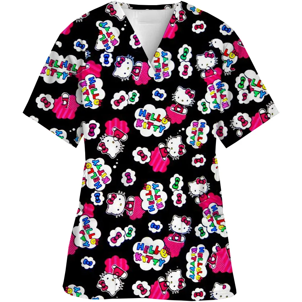 Hello Kitty Print Summer Nurse Uniform Scrubs Tops Womens Cartoon Short Sleeve Pocket Overalls Uniforms Medical Nursing Blouse