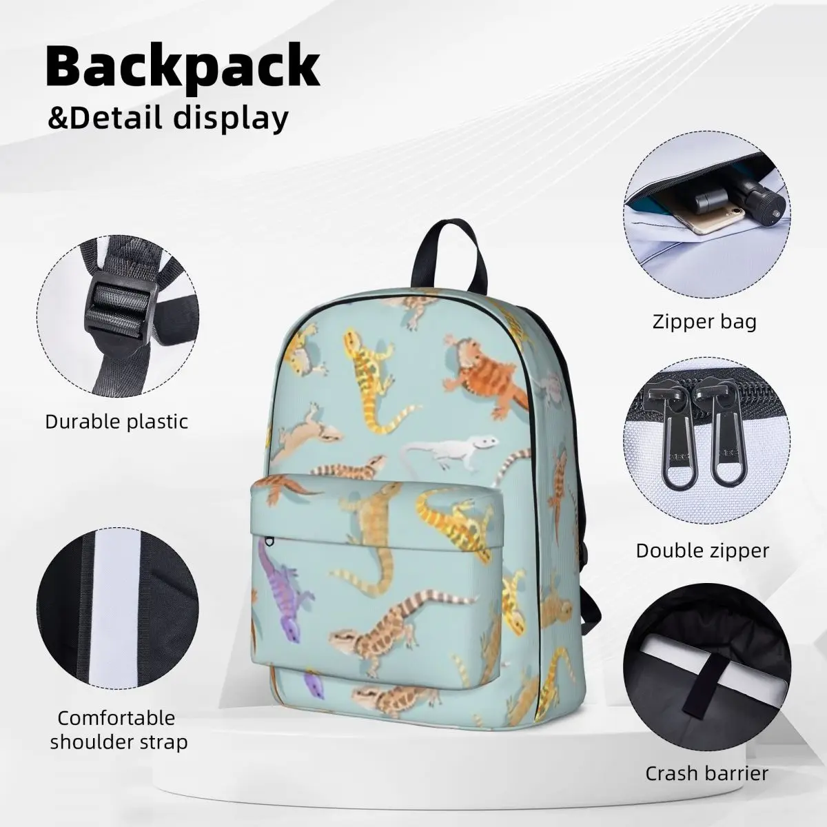 Bearded Dragon Blue Scatter Pattern Backpacks Student Book bag Shoulder Bag Laptop Rucksack Waterproof Children School Bag