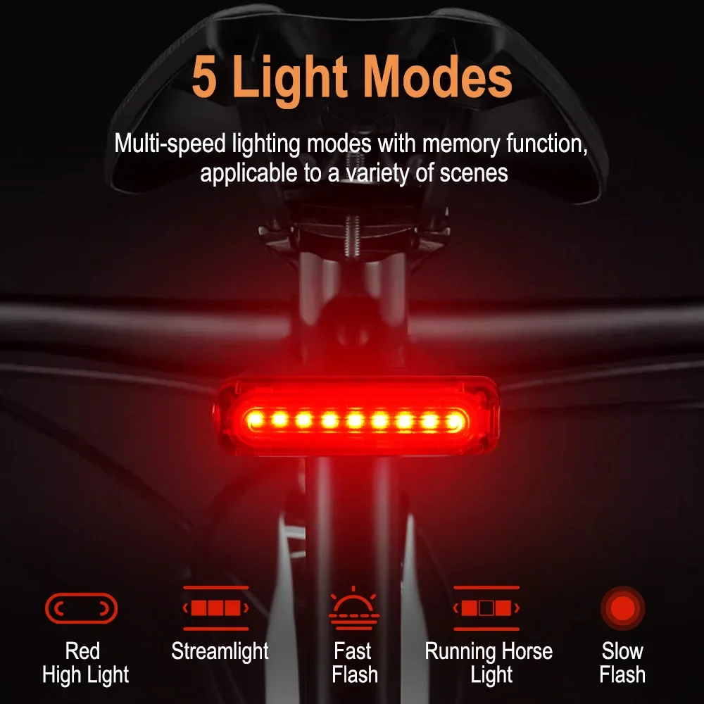 BORUiT 5LM Extended Runtime Bicycle Tail Light Rechargeable Red LED Bike Rear Lamp IP65 Waterproof Night Cycling Safety Warning