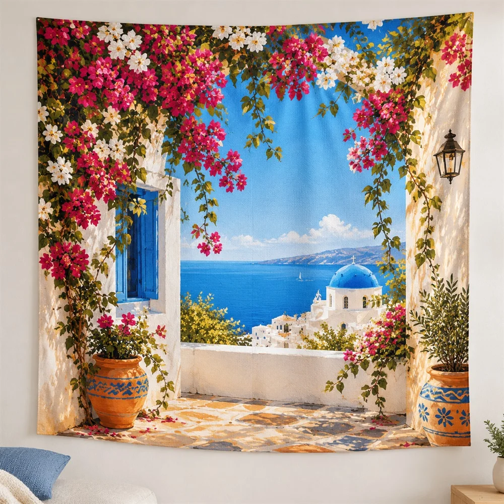VIKAMA Bougainvillea Wall Clustered Groups Tapestry Wall Hanging, Mediterranean Wall Decor Tapestries for Living Room Bedroom
