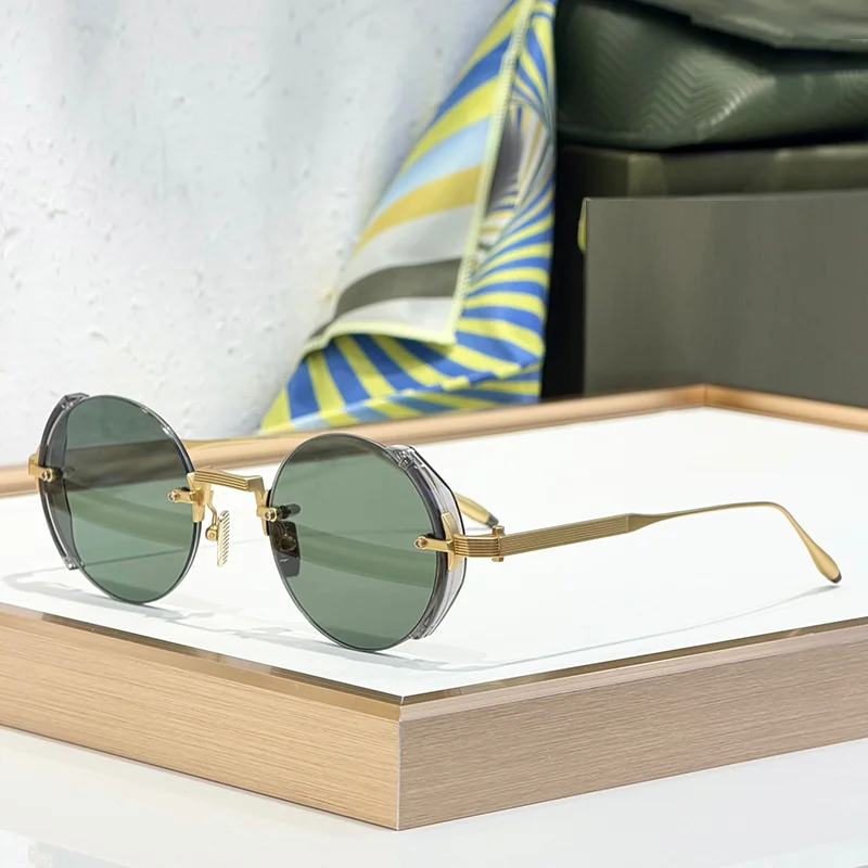 

KIZN Street Fashion Gold Circular Rimless Sunglasses for Men 2025 Trendy Niche Luxury Alloy Boundless Solar Glasses for Men