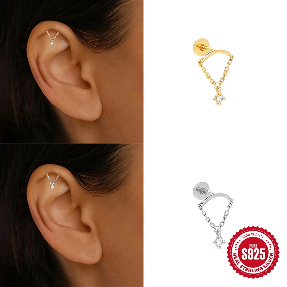 

AIDE 925 Sterling Silver Tassel Chain Piercing Cartilage CZ Stud Earrings for Women Girls Earring Jewelry Accessory Brincos 1pc