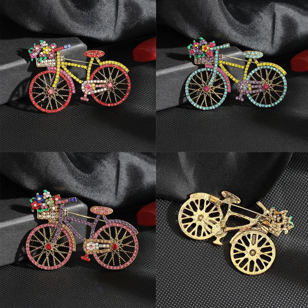 Colorful Crystal Bicycle with Flower Basket Brooches for Women Men Baroque Badge Metal Pins Exquistie Bike Jewelry Accessor U7N4