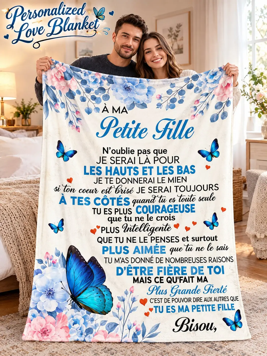 Granddaughter Flannel Blankets & Throws Butterfly Floral French Message Gift From Grandparents for Birthday Christmas Thanksgiving Halloween Anniversary Holiday Bed Sofa Couch Nap Reading Travel Bedroom Family Party Office Dorm Camping Picnic College