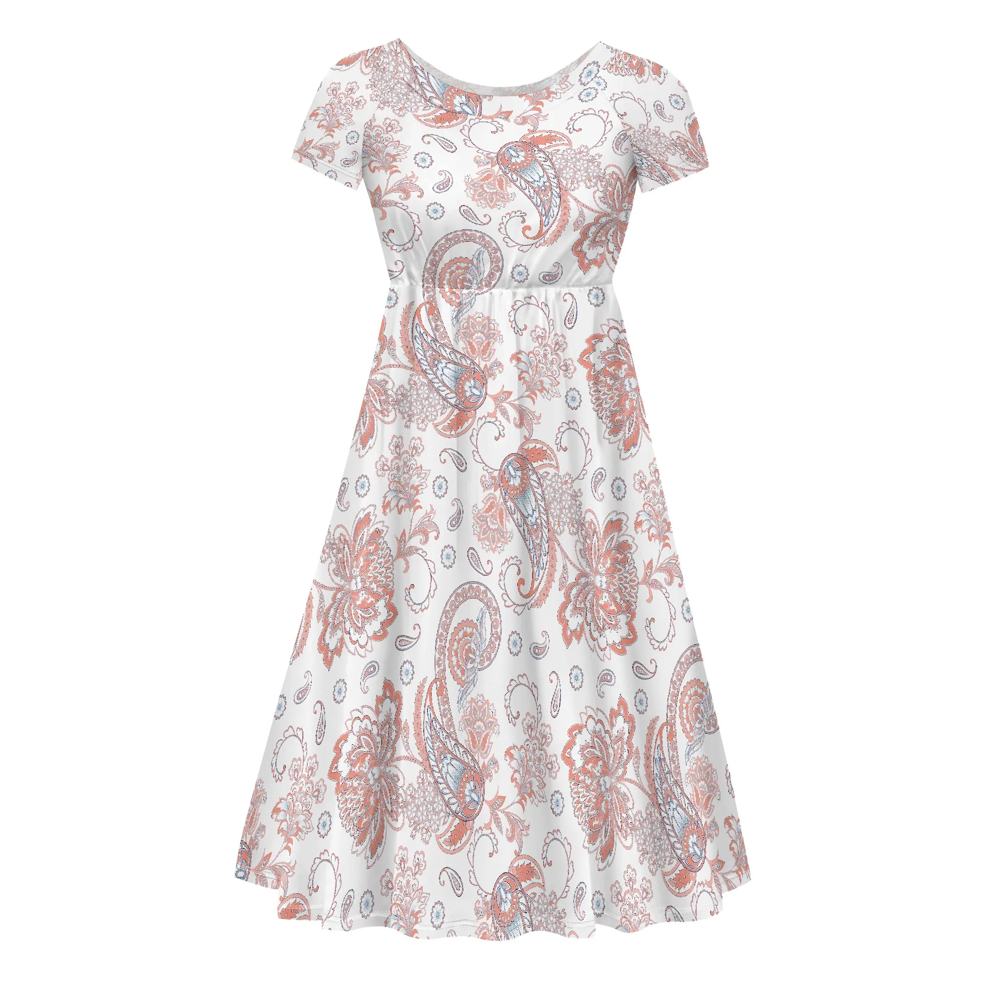 EQQZD 伝統的な半袖ラウンドネックドレス、ボヘミアンスタイルの美しい花柄ミディドレス女性用