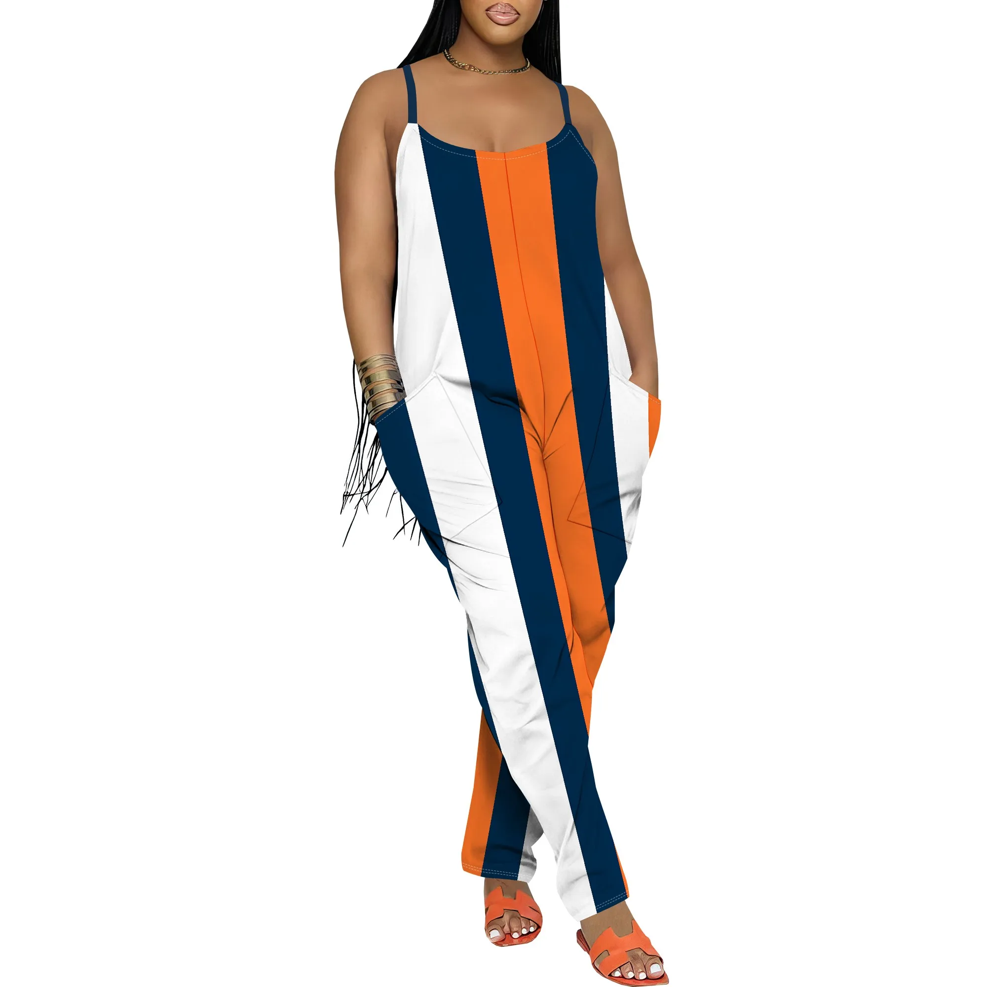 Striped Color Block Jumpsuit for Women Sleeveless Casual Loose Fit Wide Leg Spaghetti Strap