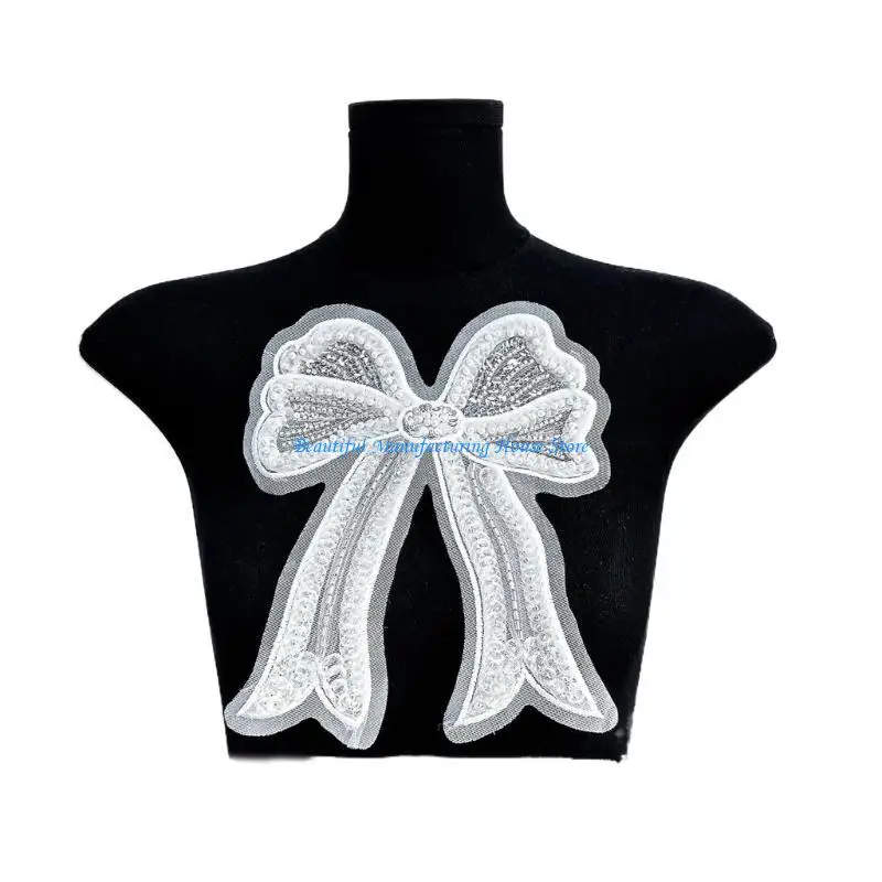 

E56A White Embroidery Sequins Bowknot Applique Craft Sweater Shirt Sewing Tool