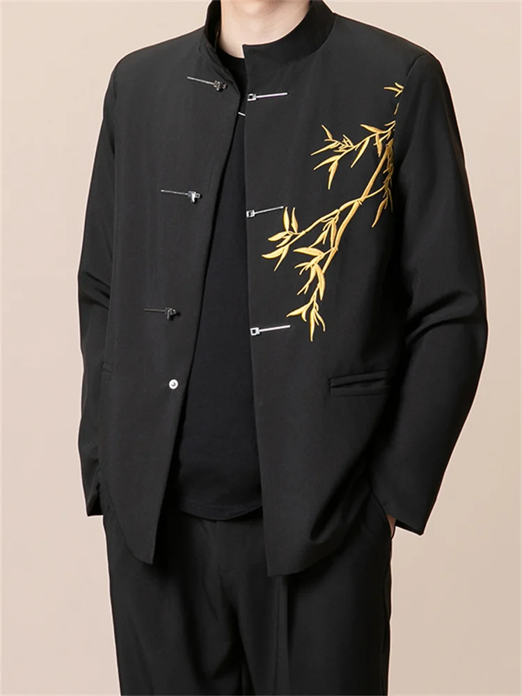 

New Chinese Sle Bamboo Pattern Men's Suit Jaet Spring Season Casual Metal Button Youth Faion Long Sve Stand Collar
