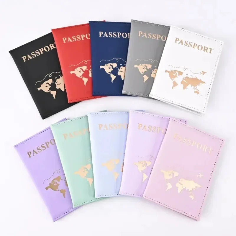 Funda de viaje con letras doradas para hombre y mujer, cubierta protectora de cuero PU, mapa de boletos, accesorios para pasaporte