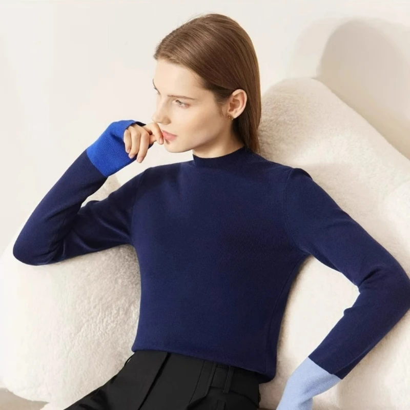 المرأة الشتاء نصف الياقة العالية معطف شتاء موضة محبوك كتلة اللون سليم تنوعا البلوز خمر بلايز عادية كم طويل