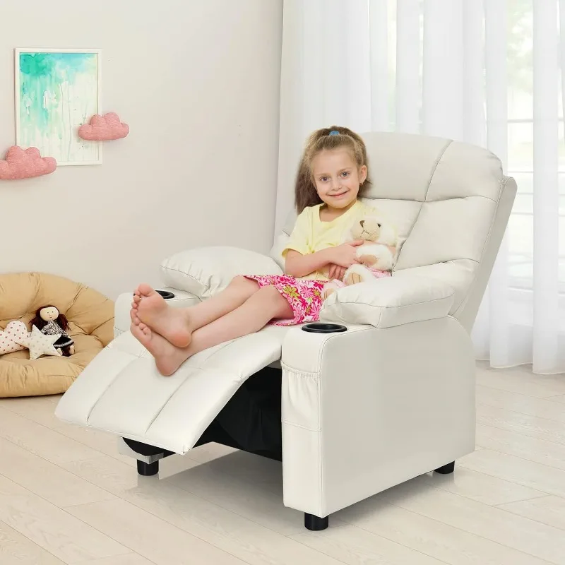 Silla reclinable con portavasos para niños, sillón de salón ajustable con reposapiés y bolsillos laterales, habitación para niños y niñas