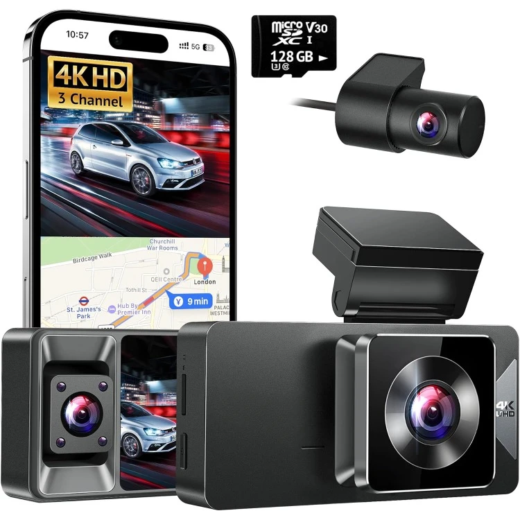 3 Channel Dash Cam 4K+1080P+1080P HD Triple Dashcam with 5G WiFi, 3