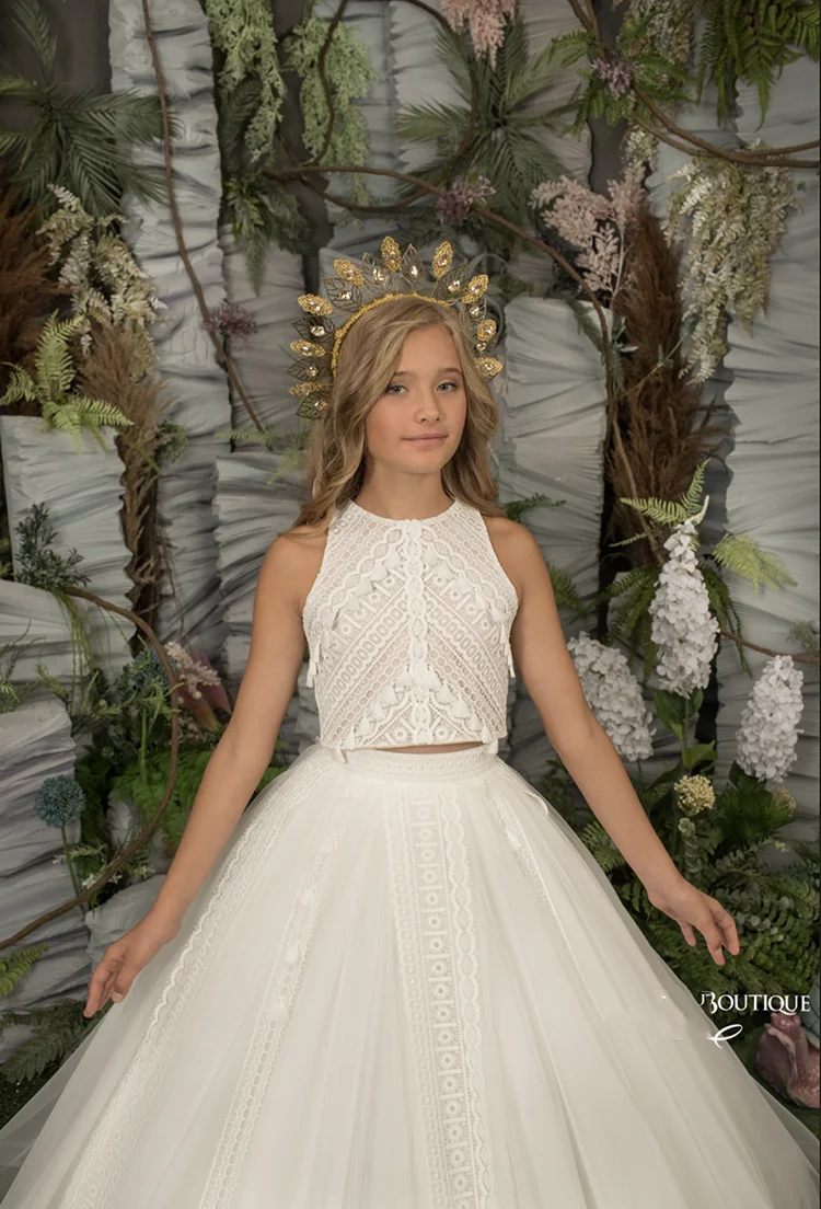 Elegante abito da ragazza di fiori per matrimonio Tulle senza maniche Appliquee pizzo 2 pezzi principessa bambino primo vestito da festa di compleanno eucaristico