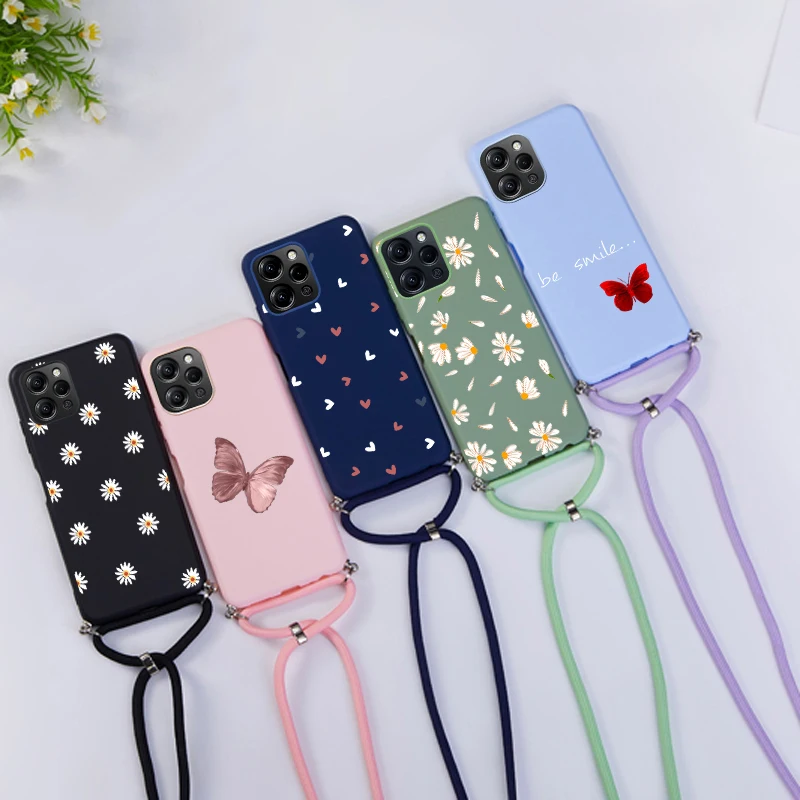 Silicone Lanyard Case For Xiaomi Redmi 12 4G Cute Flower Love heart butterfly Neck Strap Rope Cord Soft Cover For Redmi12 Shell