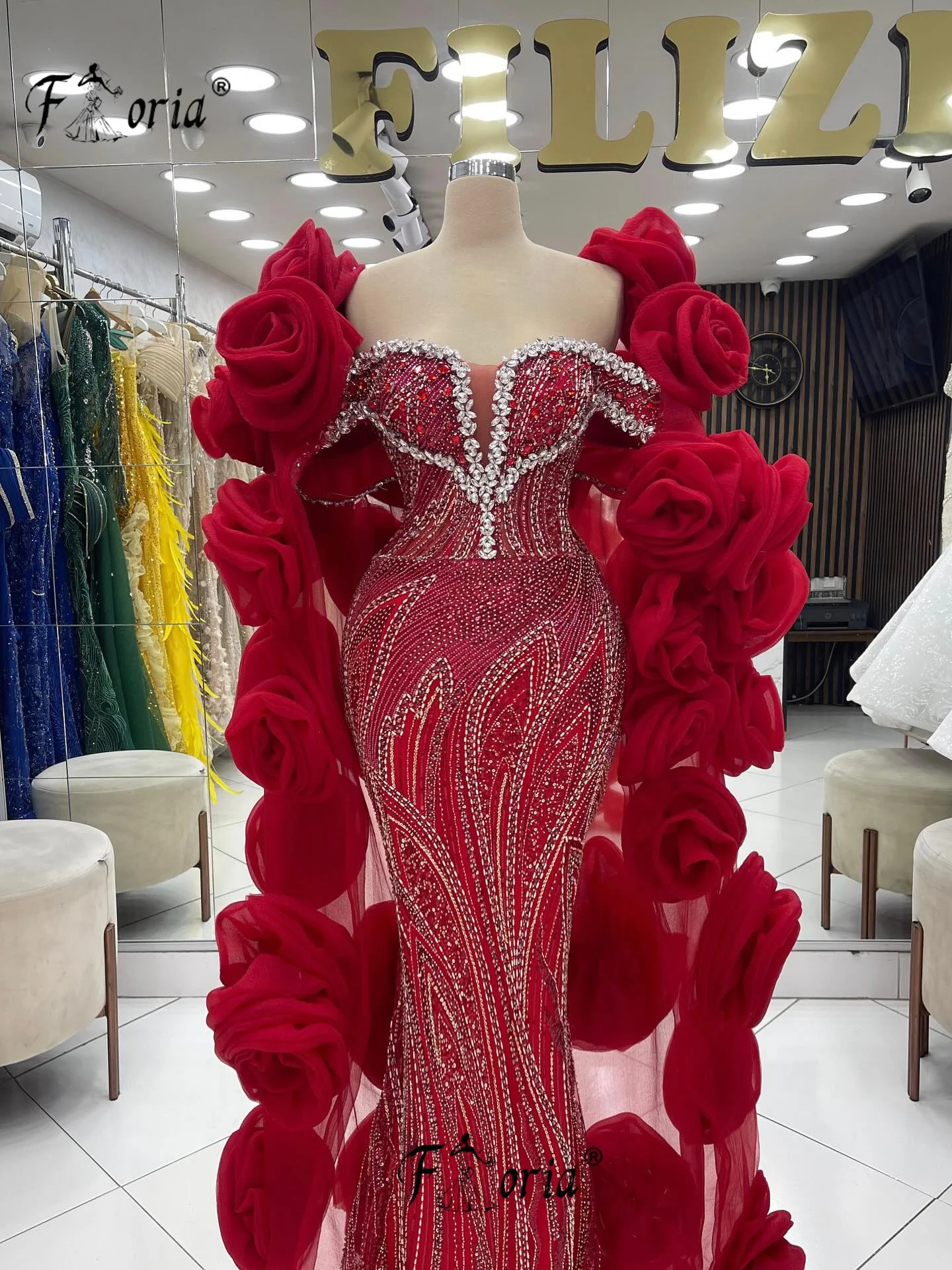 

Скромные красные хрустальные бисерные свадебные платья русалки Дубай Женщина 3D Цветочная накидка Длинное свадебное платье по индивидуальному заказу Robe De Mariee 2026