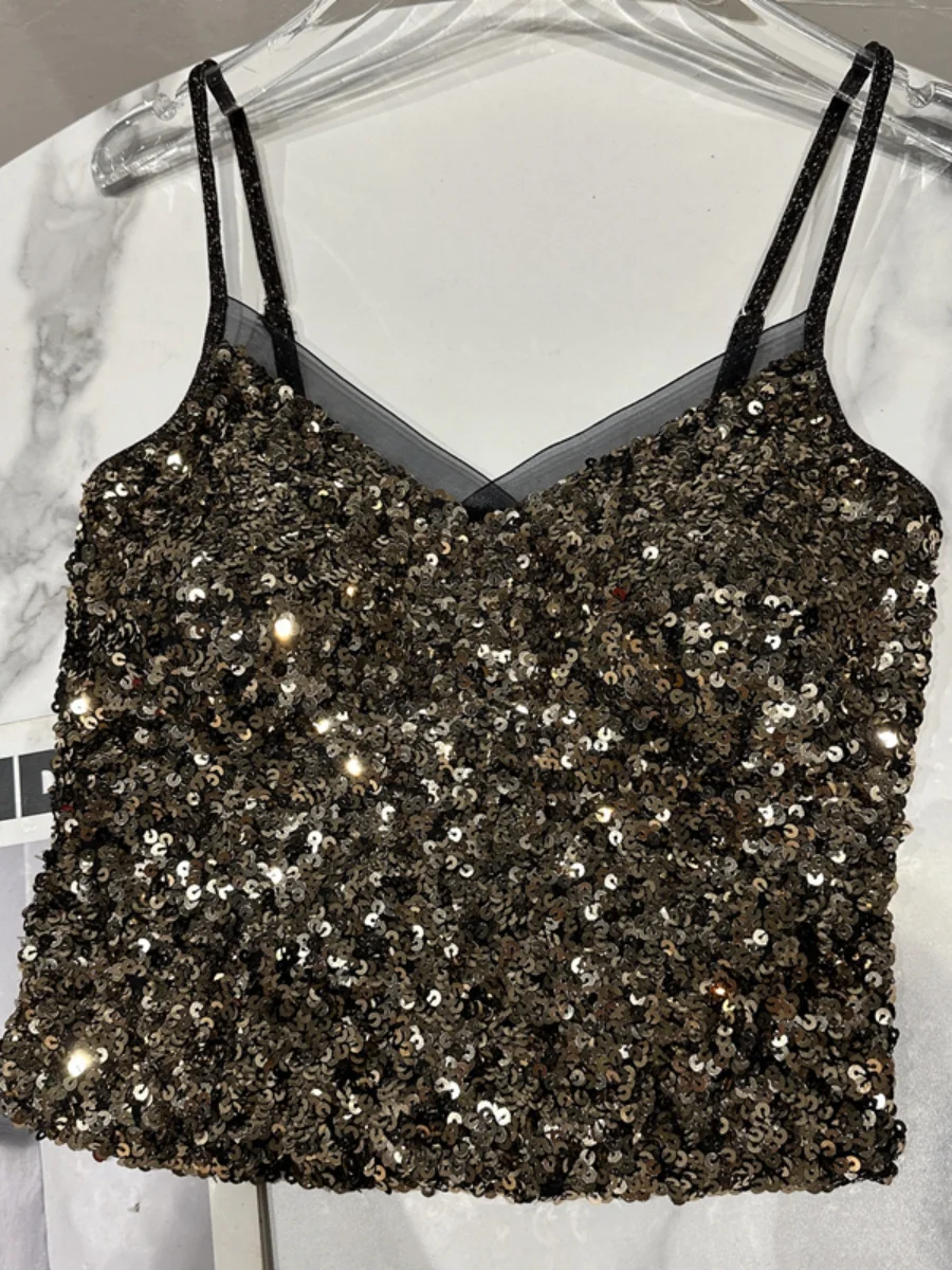 Spring and 2023 Summer New Performance Nightclub Shiny Sequined Vest Tank Top Female Socialite Elastic Thread Chest Pad Camisole