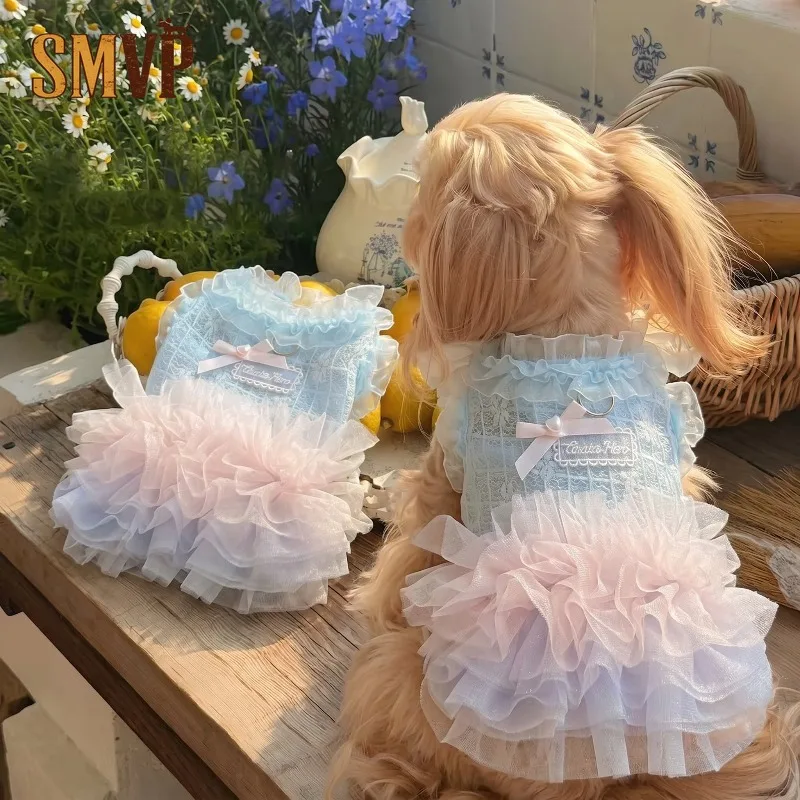 Fairy Style Pet Cake Dress Lace Mesh Gradient Tulle Dress Bow Decor Ruffled Collar Sleeveless Suspender Summer Party Outfit