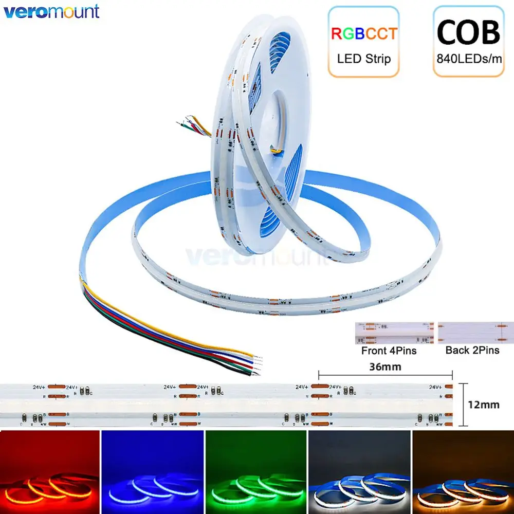 

5m 24V DC 5 in 1 RGBCCT COB LED Strip Lights 840LEDs/m High Density Dimmable LED Lighting Flexible RA90 FCOB RGB CCT LED Tape