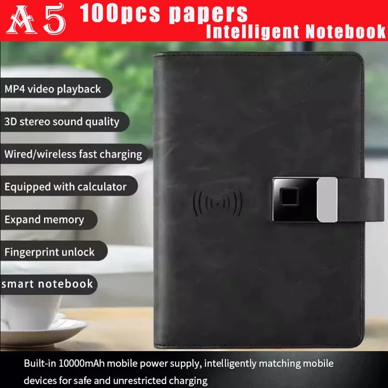 A5 Smart Notebook-Wireless Charge 10000mAh,Fingerprint Unlock,Card Pocket,Calculator,Vedio Music Player,258G USB Expand Function