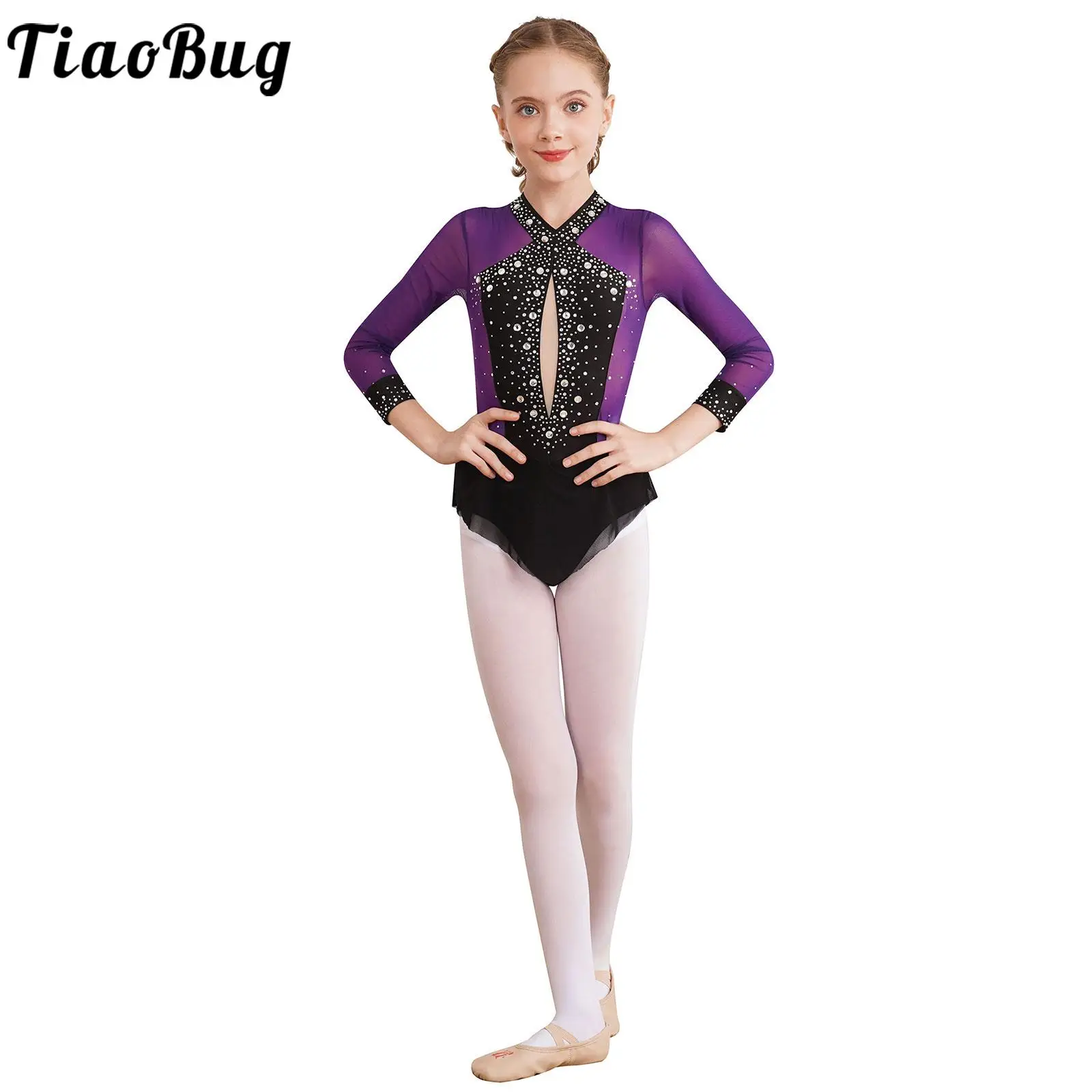 

Kids Patchwork Rhythmic Gymnastics Ballet Dance Costumes Girls Sheer Mesh Skirted Bodysuit for Dance Figure Skating Dancewear