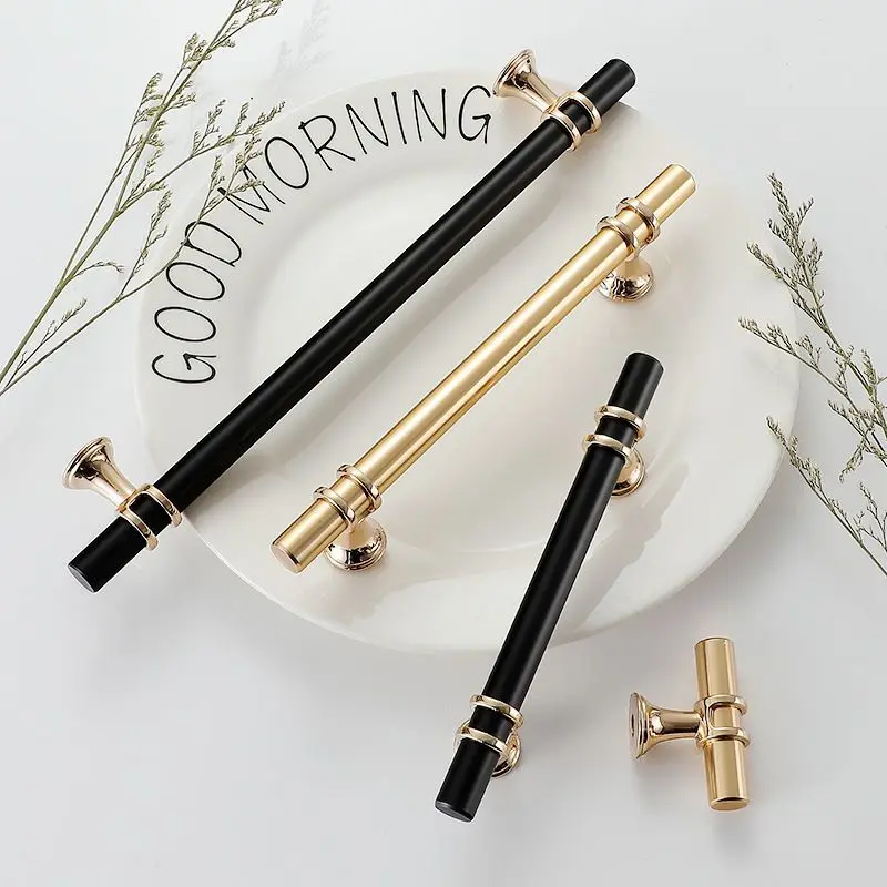 Wardrobe Furniture Hardware Drawer Cabinet Knob Zinc Alloy Black Gold Solid Cupboard Kitchen Handle T Bar House Pull