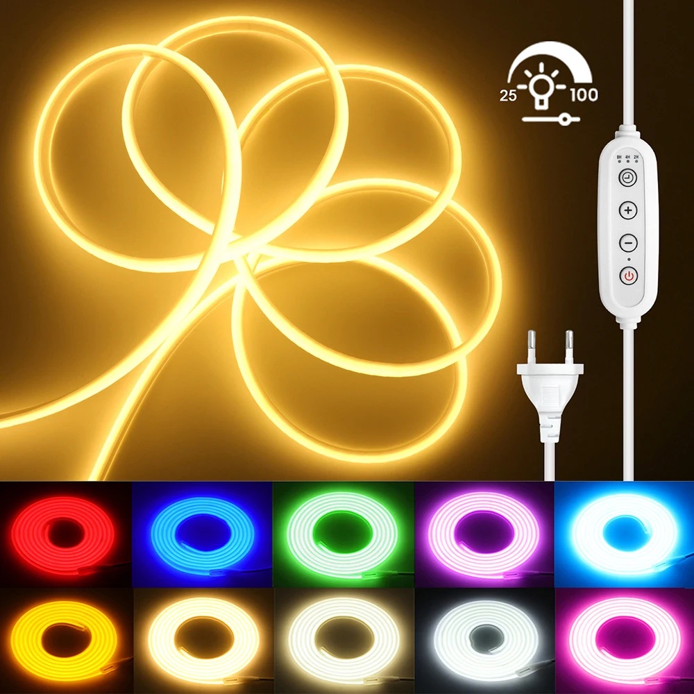 220V Dimmer COB LED Neon Rope Light Flex Strip Power Kit 10 Colors 288 LEDs Waterproof Lamp for Garden Patio Party Wedding Decor