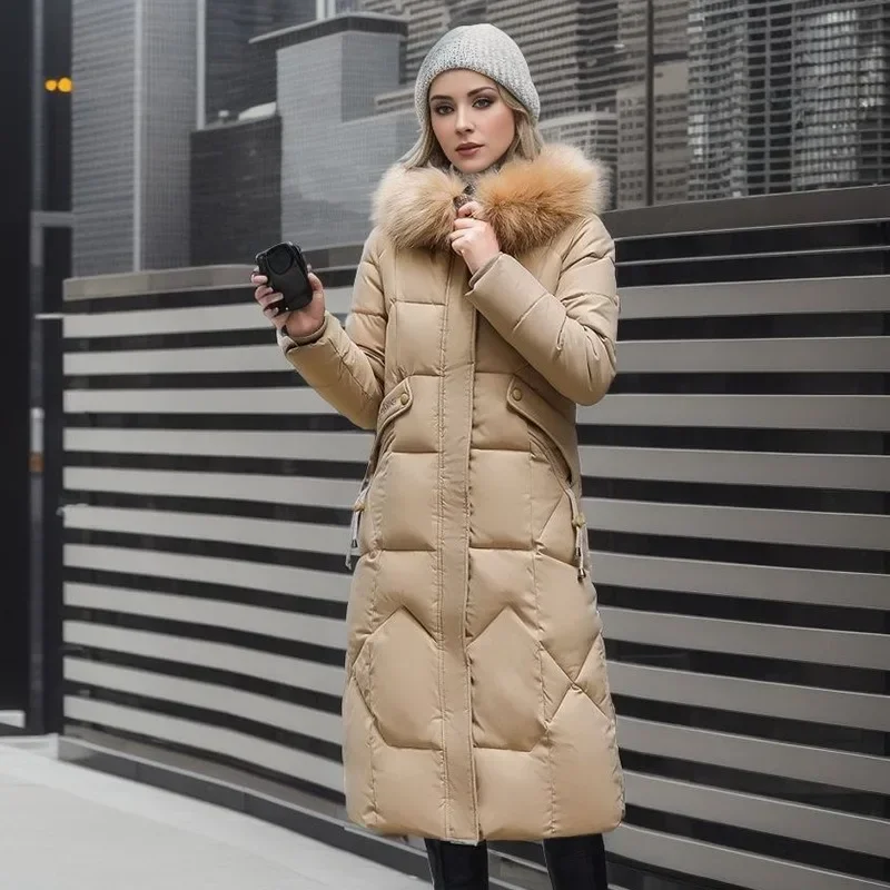 Women Elegant Parkas 2024 Long Thickened Down Cotton Thermal Jacket Fashion Quilted Faux Fur Collar Hooded Coat Available 4XL