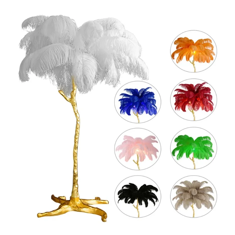 Large modern copper white/green/black/pink/blue luxury standing feather lamp ostrich feather floor lamp lighting household