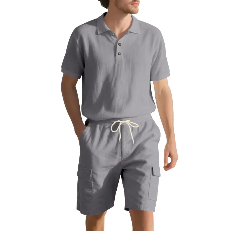 

Cross-border linen suit men's summer simple breathable loose polo short-sleeved tooling shorts suit