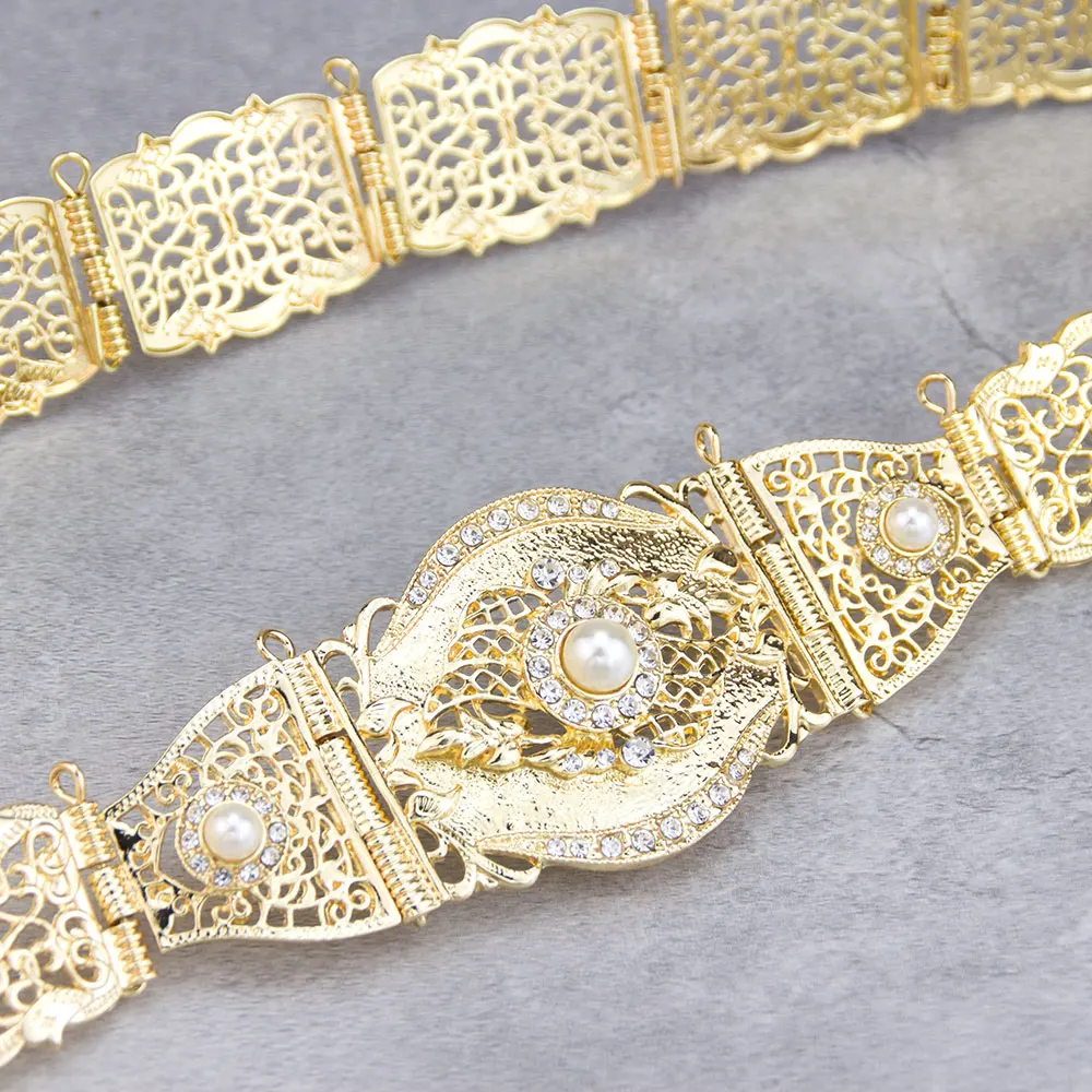 Sunspicems 14 Color Moroccan Caftan Belt Adjustable Gold Plating Crystal Pearl Jewerly Hollow Metal Waist Chain Arabic Bridal