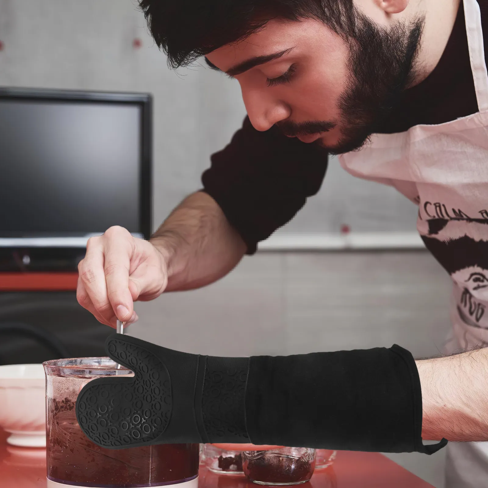 1Pair Extended Silicone Oven Mitts Heat Resistant Waterproof Non Slip Cooking Gloves Elbow Length Professional Kitchen Baking