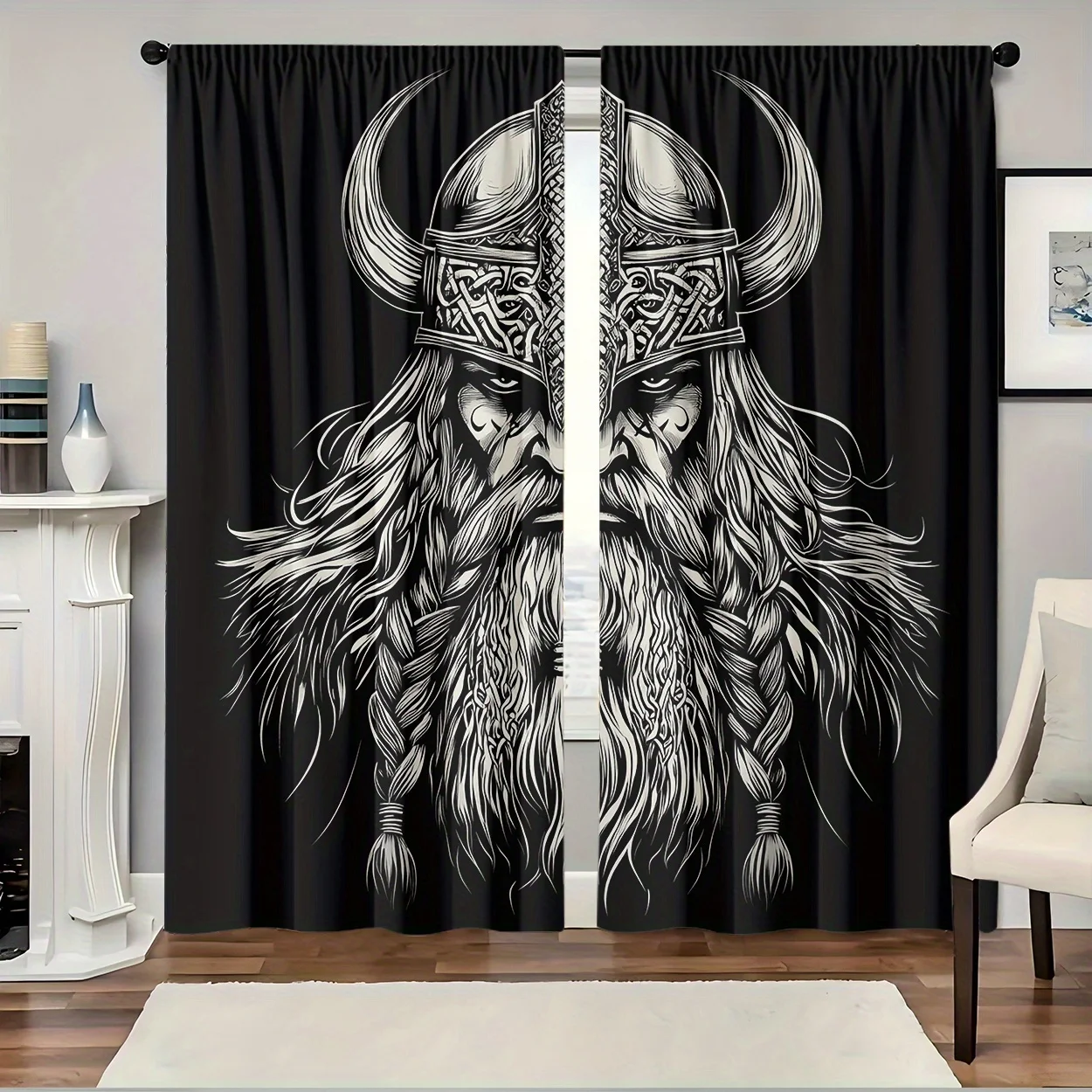Gothic Viking Man Curtain 2 Panels,Horn Helmet Celtic Pattern Bearded Warrior Allover Black ,Curtains for Lounge Kitchen Curtain
