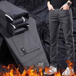2024 New Winter Fleece Casual Pants Men's Straight Slim Thick Warm Male Business Fashion Casual Elastic Comfort Velvet Trousers