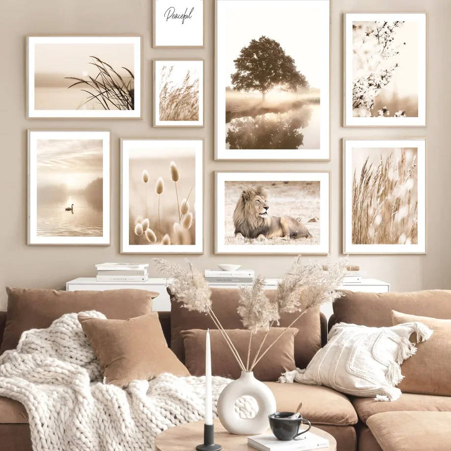 

Beige Landscape Plant Reed Swan Lion Nordic Nature Wall Art Canvas Painting Posters Prints Plant Pictures For Living Room Decor