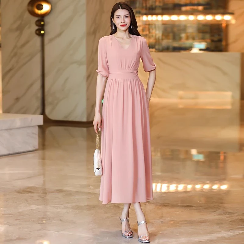

New Women Summer Pink Long Dress Fashion V-Neck Half Sleeve Slim Waist Elegant Dress Casual Holiday Beach Chiffon Dress