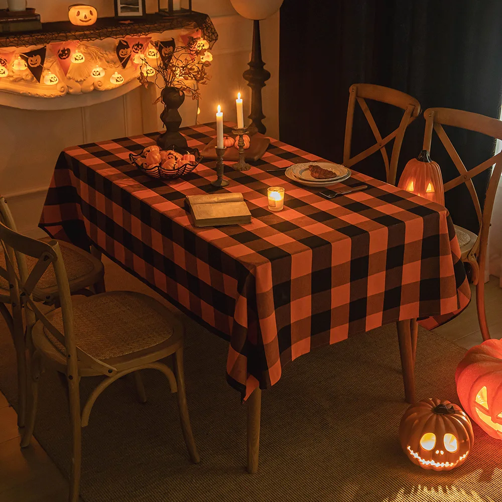 Orange Black Checkered Polyester Halloween Festive Dining Table Decoration Tablecloth